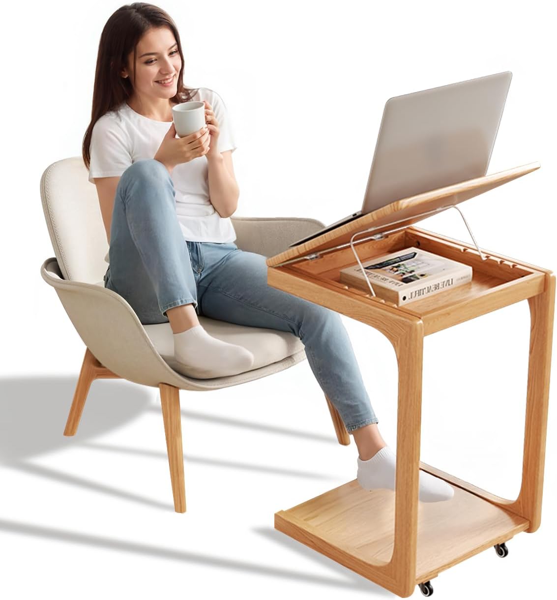 Wooden C-Shaped End Table with Adjustable Desktop for Living Room