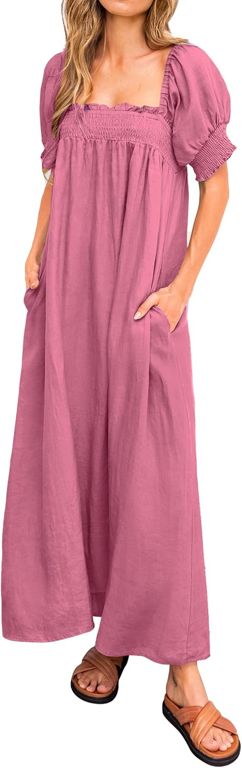 KIRUNDO Women Summer Maxi Dress with Puff Sleeves and Pockets