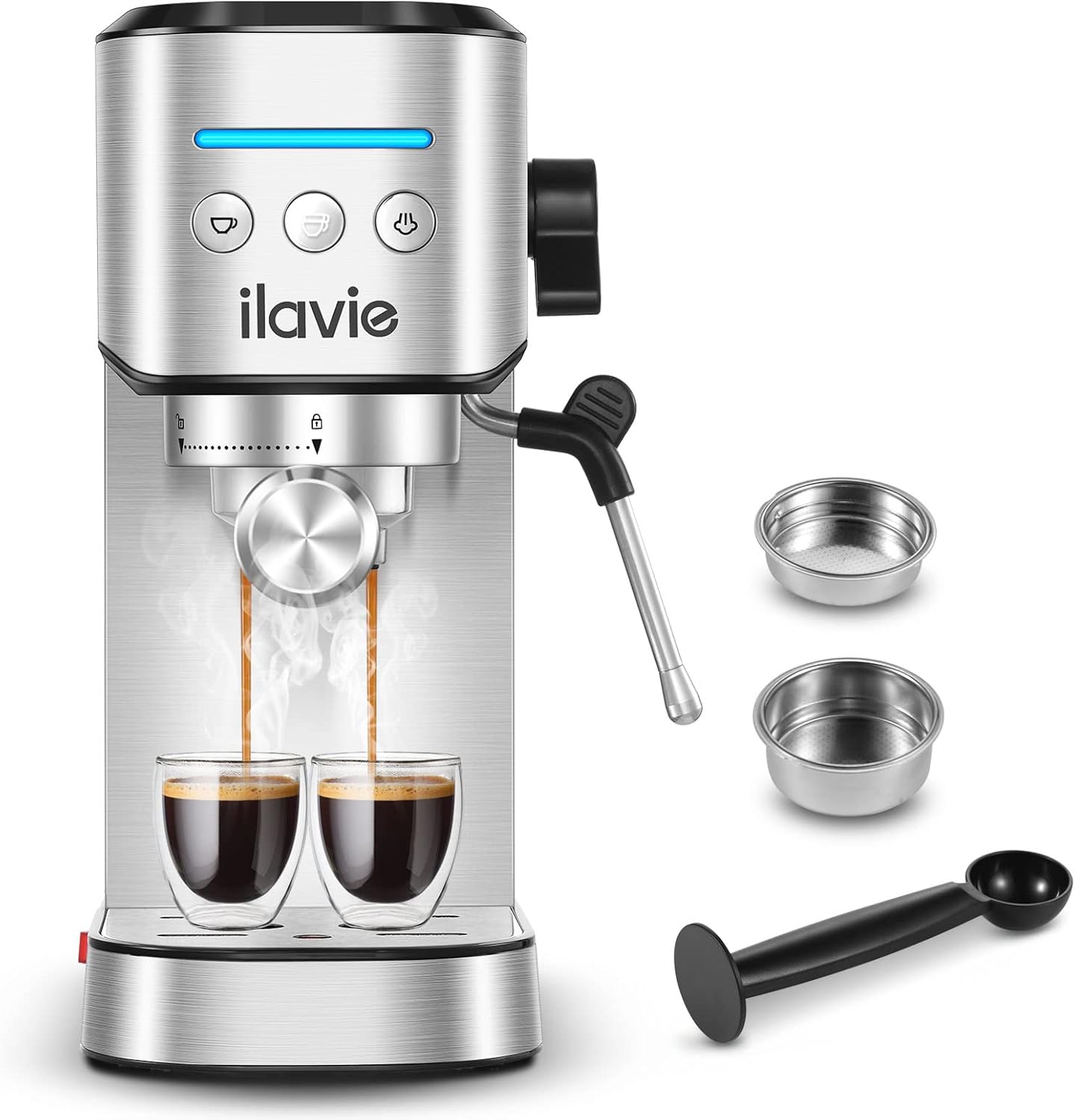 ILAVIE Espresso Machine: 20Bar Pressure, Milk Frother + Steam Wand, 1000ML Tank, Home Use, Silver