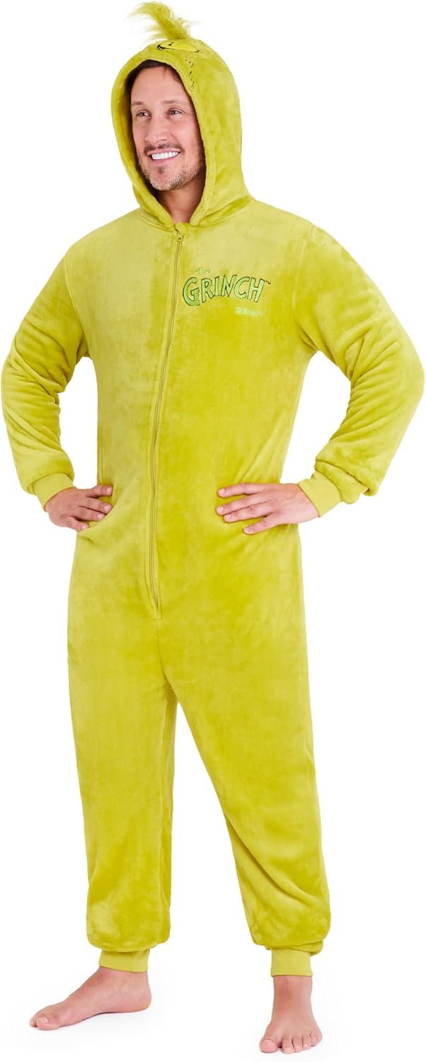 The Grinch Mens One-Piece Pajamas with Fleece Hood for Comfort