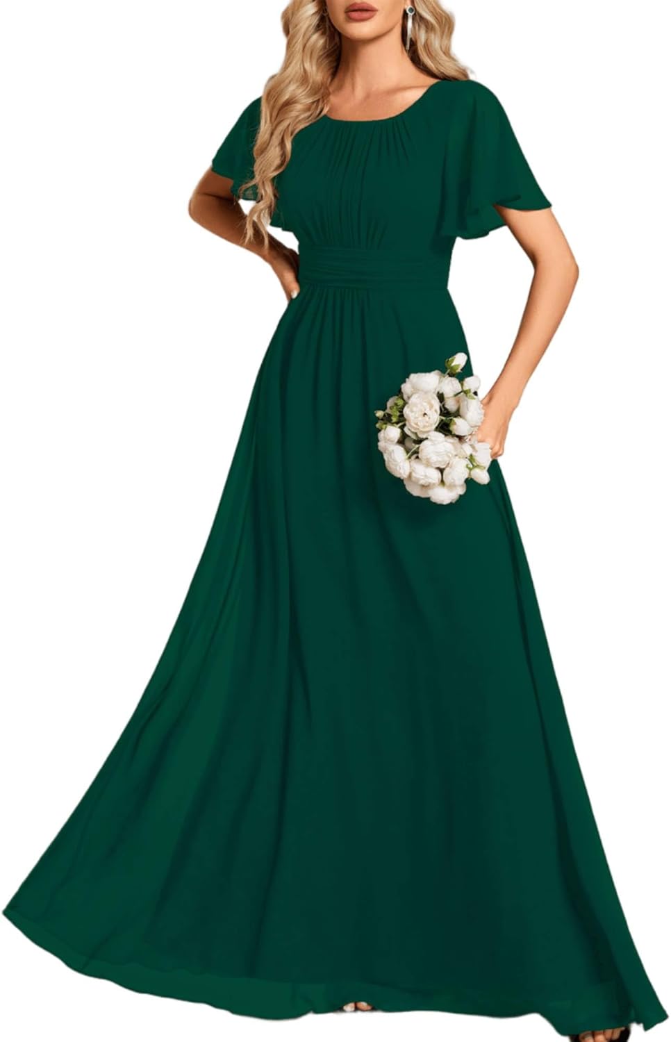 Elegant Round Neck Short Sleeves Chiffon Empire Waist Dress