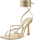 ISNOM Lace Up Heels Sandals for Women, Square Toe Open Thong - Sleek