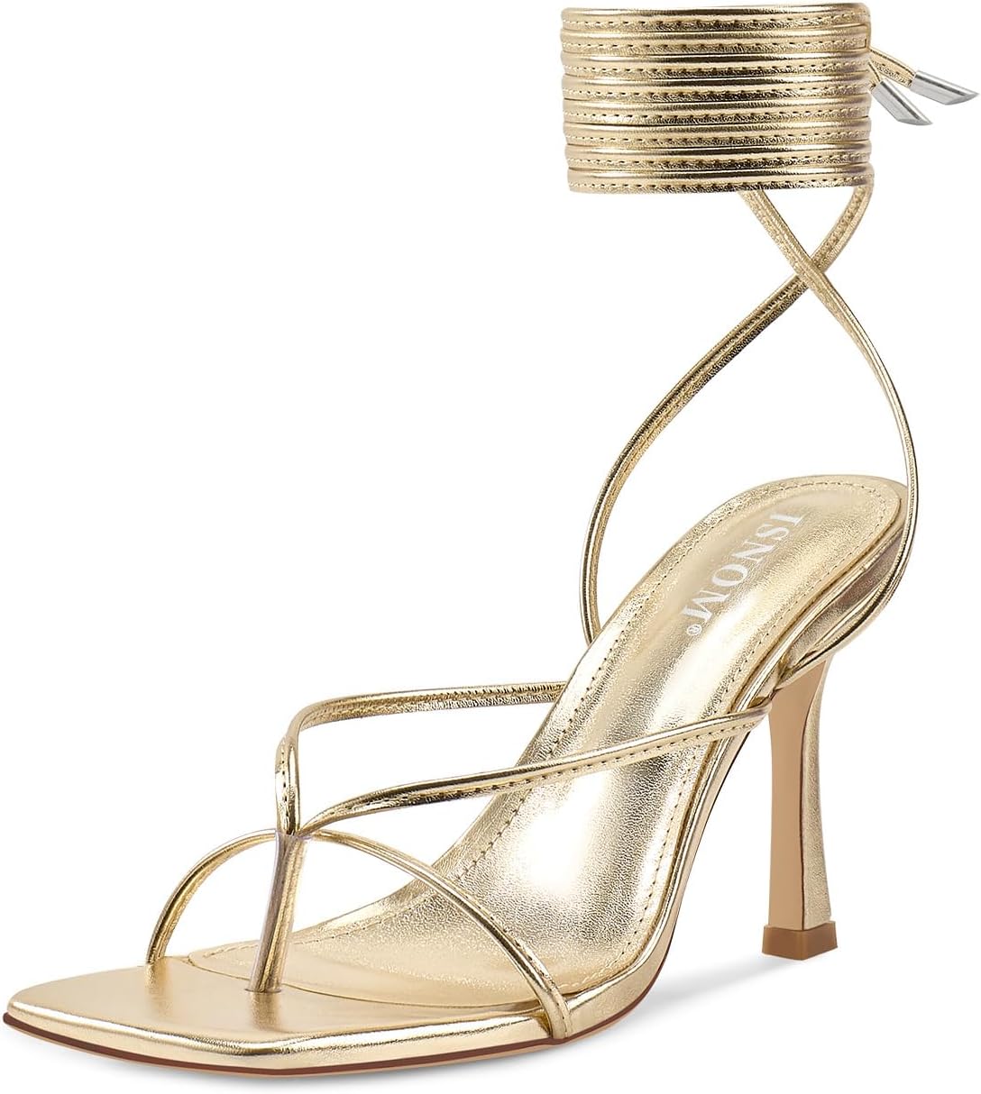 ISNOM Lace Up Heels Sandals for Women with Stiletto Design