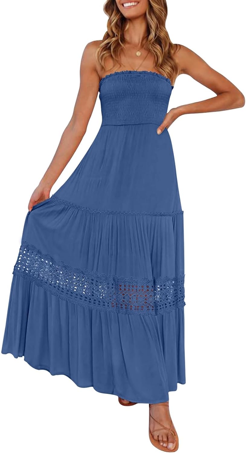 ZESICA Women's Summer Bohemian Strapless Maxi Dress