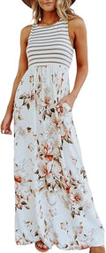 Simplee Apparel Womens Casual Floral Striped Patchwork Maxi Dress