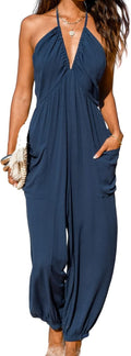 CUPSHE Women's Plunge Halter Sleeveless Pleated Long Romper Maxi