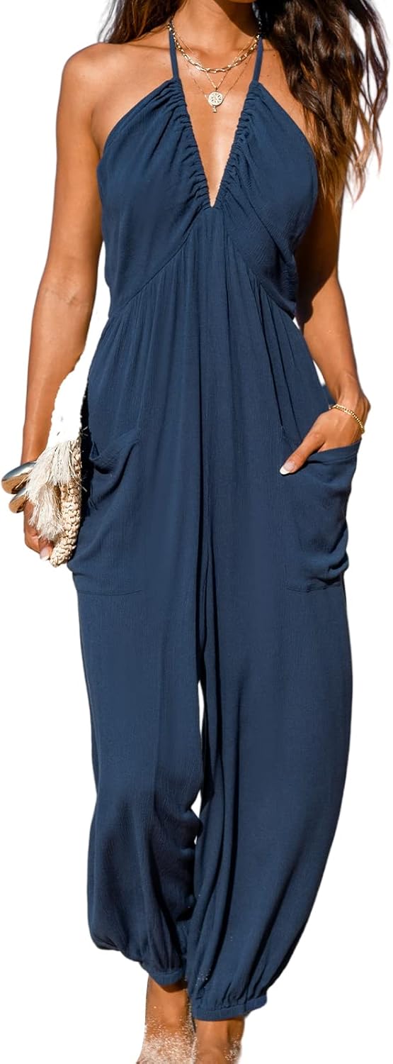 CUPSHE Women's Plunge Halter Sleeveless Maxi Jumpsuit Review