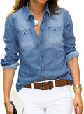 Women's Cotton Denim Button Down Shirt - Relaxed Pocket Tunic