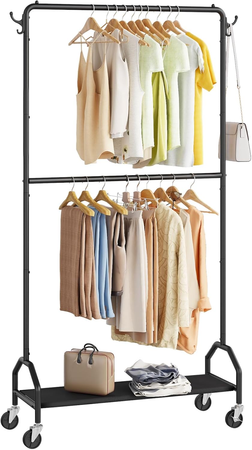 Double Hanging Clothes Rack with Bottom Shelf for Storage