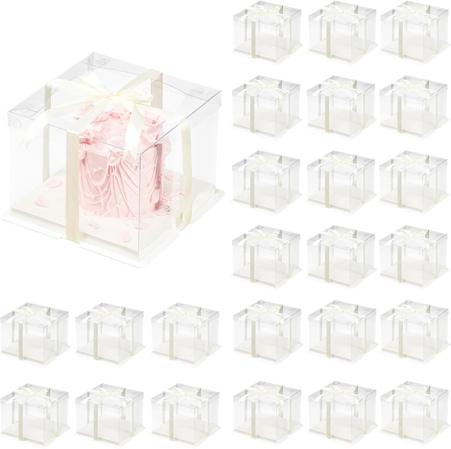 24 Pcs Clear Gift Box with Ribbon for Cakes and Desserts