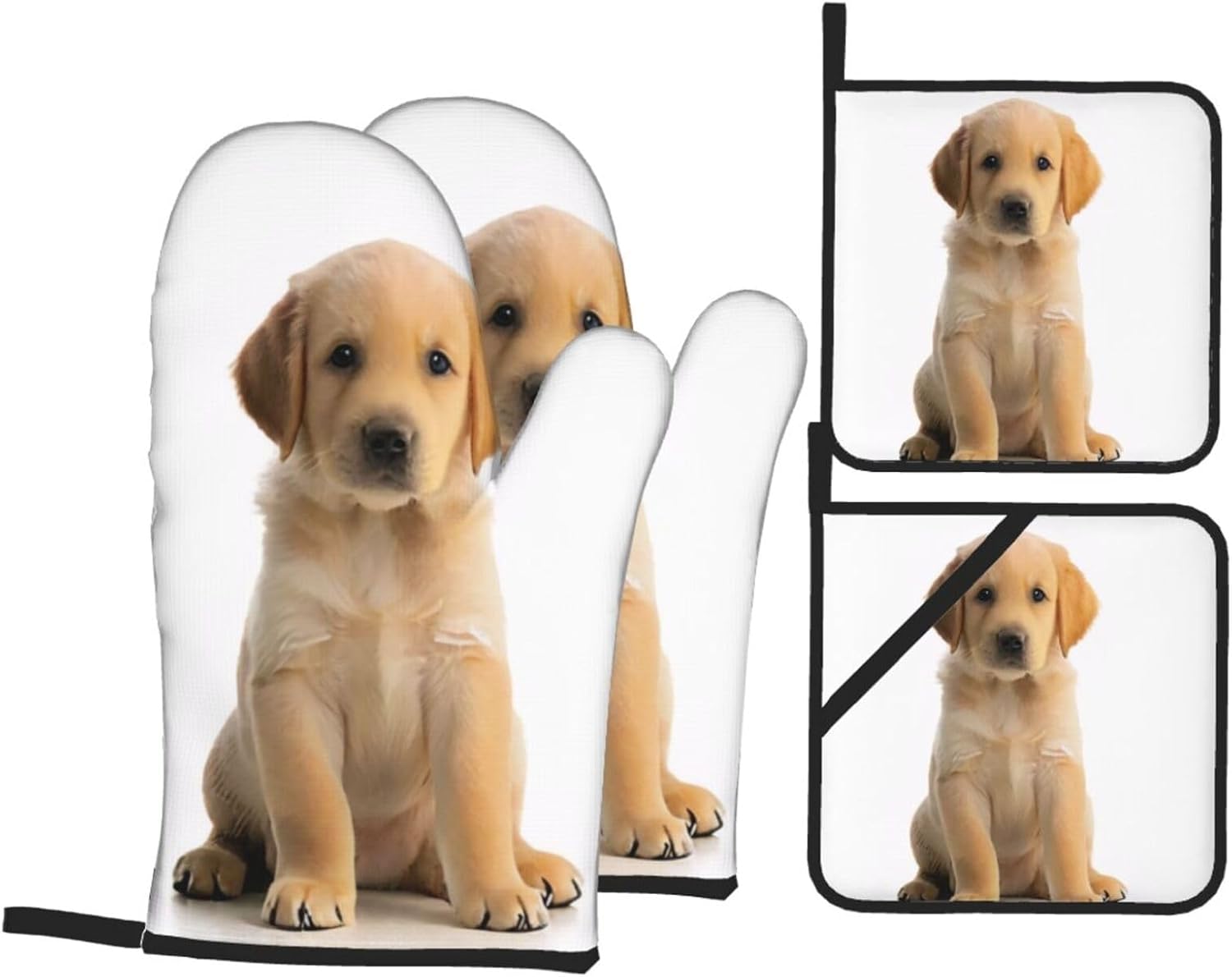 4pc Cute Puppy Oven Mitts Set - Heat-Resistant Kitchen Gloves