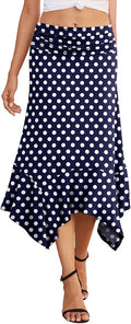 PrinStory Women's Casual Elegant Flowy Handkerchief Hemline Midi Skirt