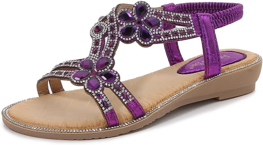 Women's T-Strap Beaded Flower Rhinestone Flat Sandals for Summer