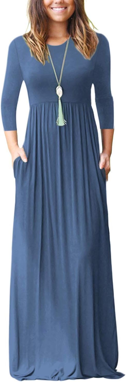 WNEEDU Women's 3/4 Sleeve Casual Maxi Dresses with Pockets