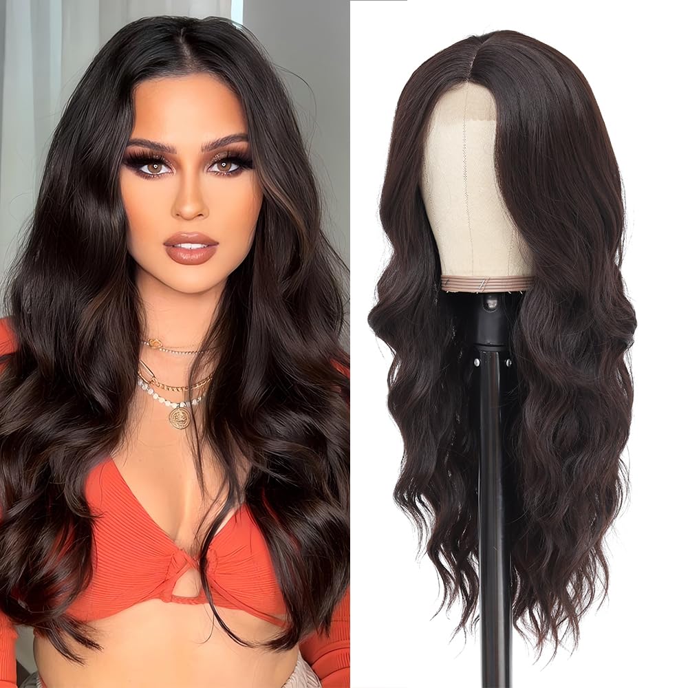 Long Brown Wig for Women 26Inch Wavy Curly Hair Replacement