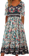 Womens Boho Dress Summer Casual Floral Maxi Dress - Flowy Beach