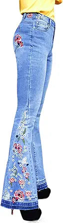 Chic Floral Embroidered High-Rise Bell Bottom Jeans for Women