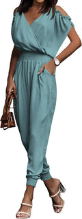 PRETTYGARDEN Womens Wrap V Neck Cold Shoulder Romper - Versatile Day