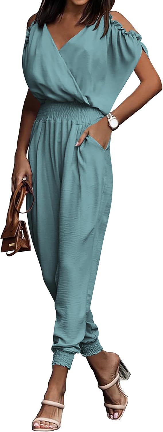 PRETTYGARDEN Womens Wrap V Neck Cold Shoulder Romper Outfit