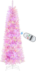 Prelit Pencil Spruce 5 ft Christmas Tree with Remote - Slim Pink