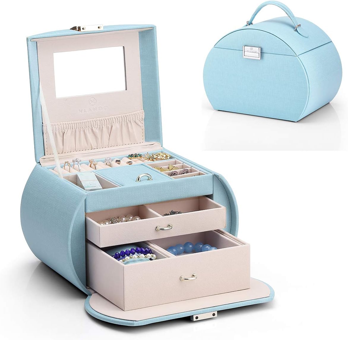 Vlando Jewelry Box for Girls - Chic 3-Layer Organizer with Mirror