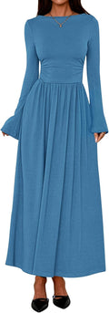 Long Sleeve Maxi Dress for Women - Ruched Boat Neck Flowy Fit