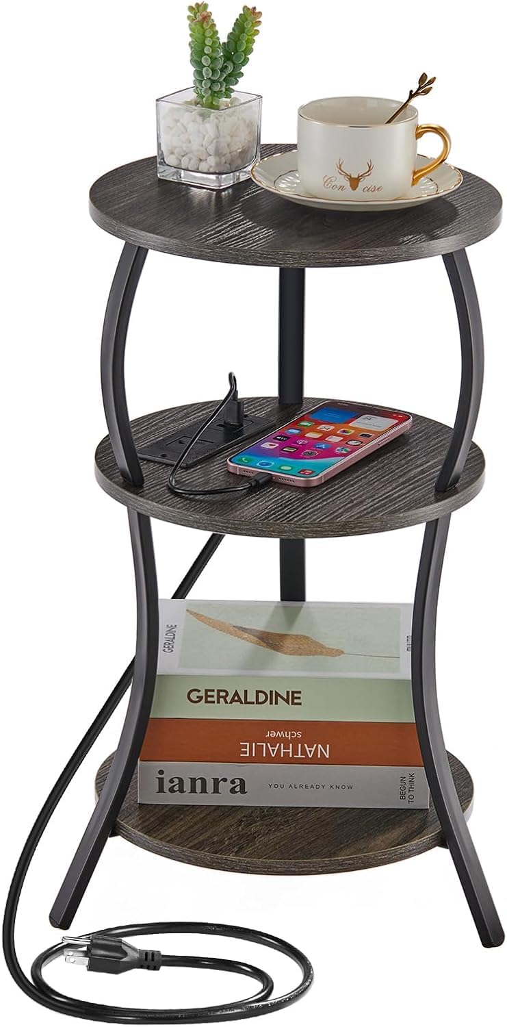 Small Round Side Table with Charging Station for Compact Spaces