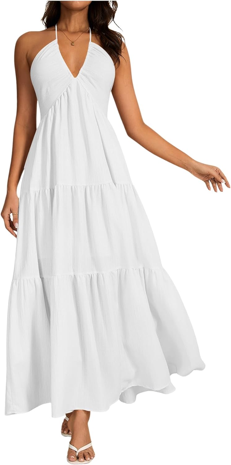 OYOANGLE Women's V Neck Tie Backless Halter Dress for Elegance