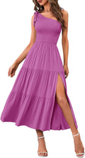 Women's One Shoulder Smocked Midi Dress - Flowy Summer Split