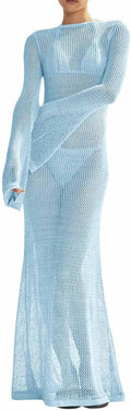 Womens Crochet Cover Ups Long Sleeve Mesh Backless Maxi Dress - Beach
