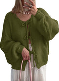 Womens Tie Front Cardigan Sweater - Cute Bow Puff Sleeve Cozy Knit