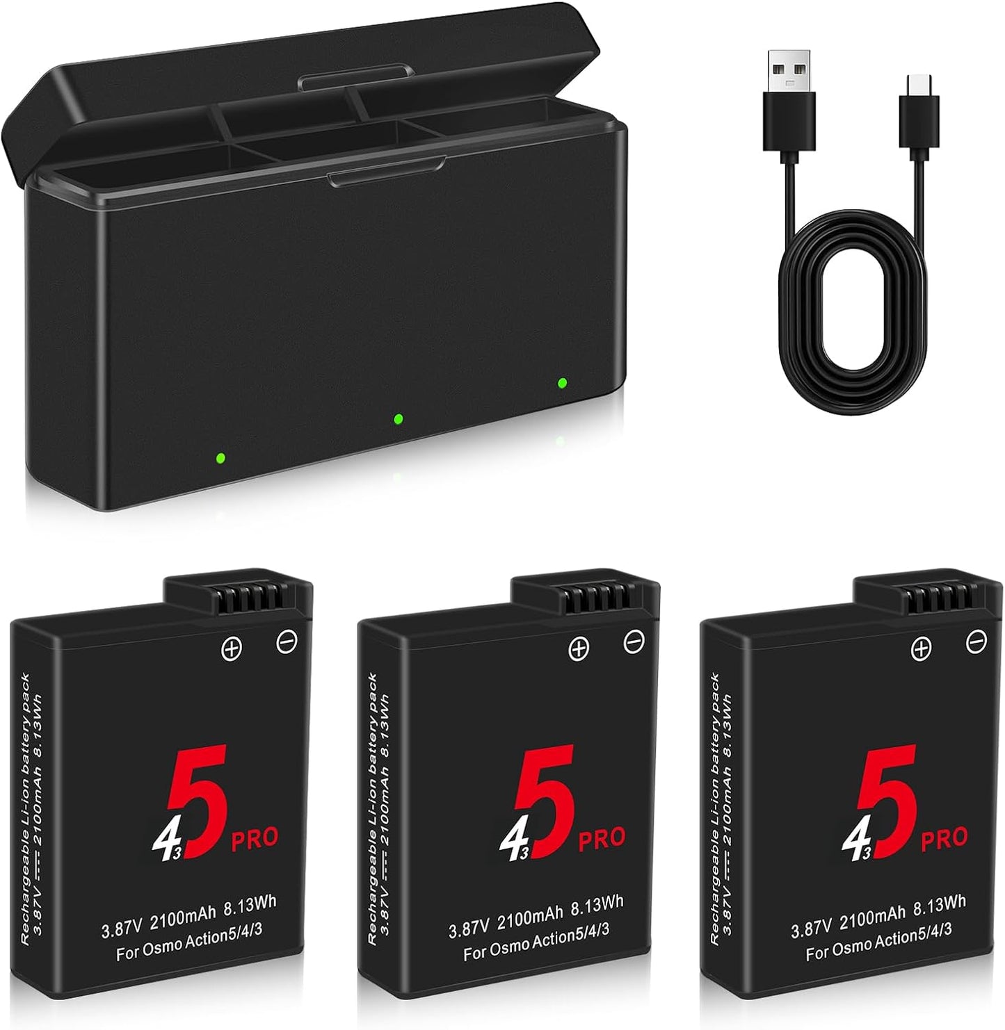 Osmo Action 5 Pro Battery Charger Kit with 3-Pack 2100mAh Batteries