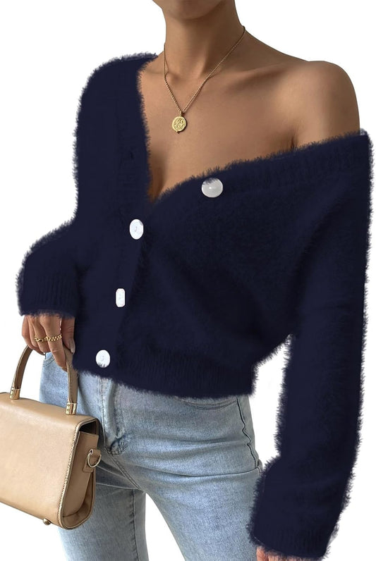 Pink Queen Women's Furry Cropped Cardigan for Fall Fashion