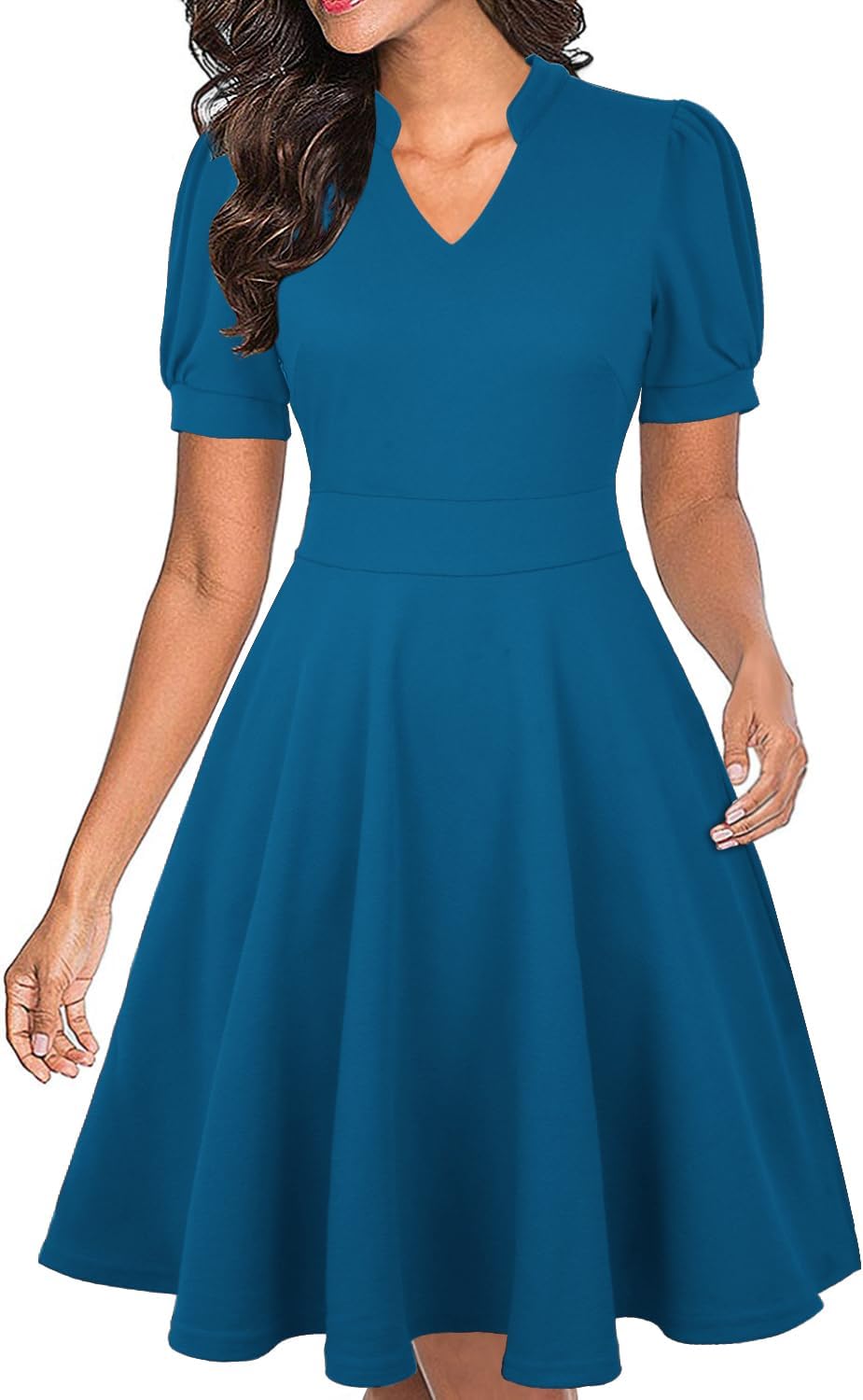 Mokayee Womens Summer Short Puff Sleeve Casual Fit and Flare Dress