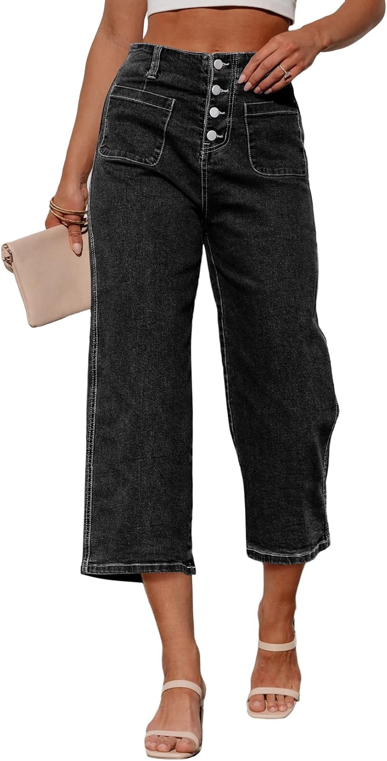Trendy Wide Leg Jeans for Women - High Waisted Capri Pants