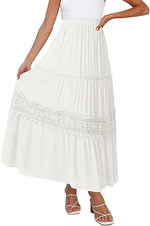 ZESICA Women's Summer Bohemian Lace Trim Maxi Skirt