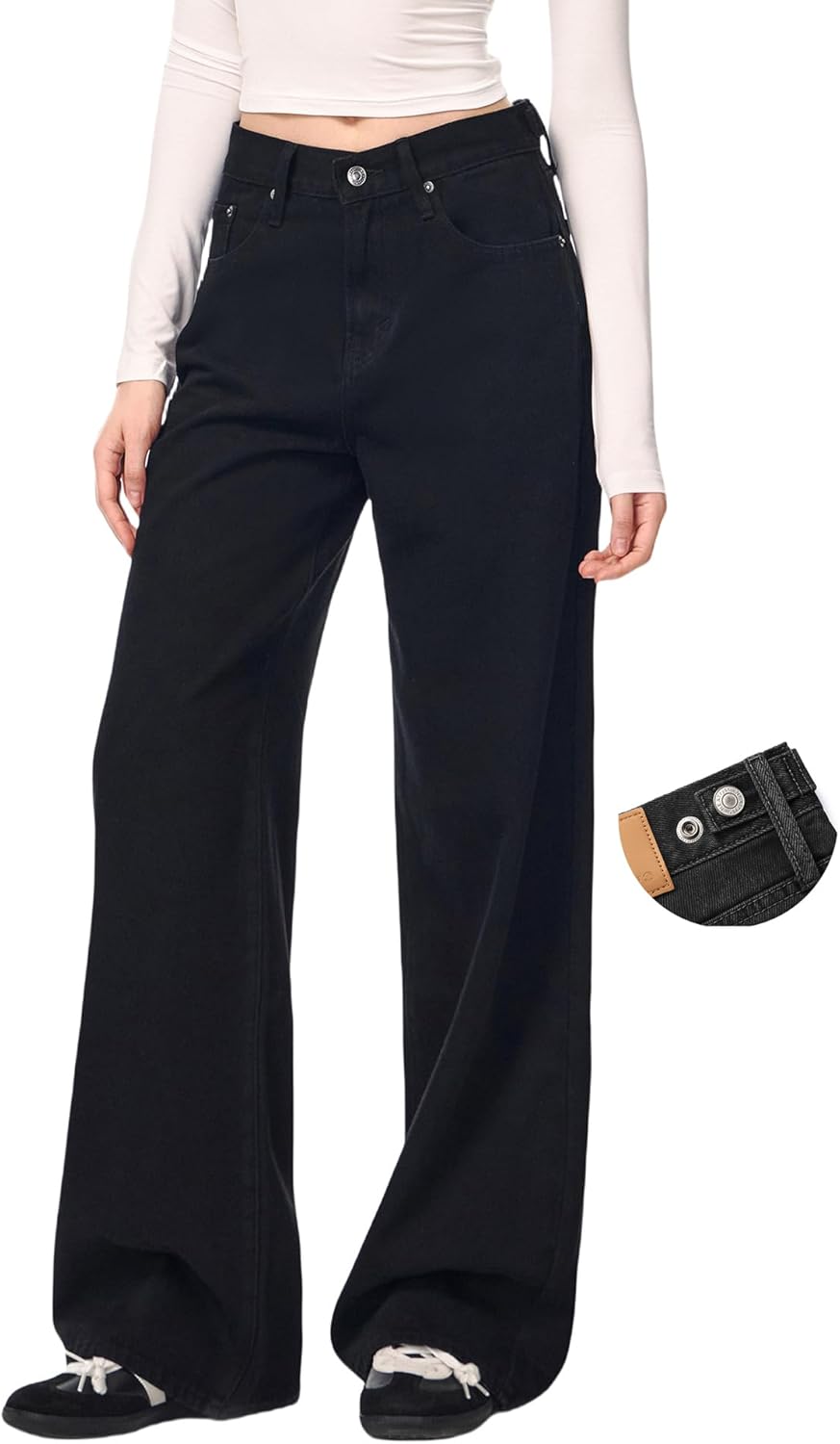 Women's Adjustable Baggy Jeans with Snap-Button Waistband