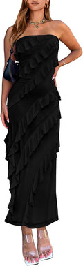 Strapless Mesh Midi Ruched Bodycon Dress - Elegant Summer Cocktail As