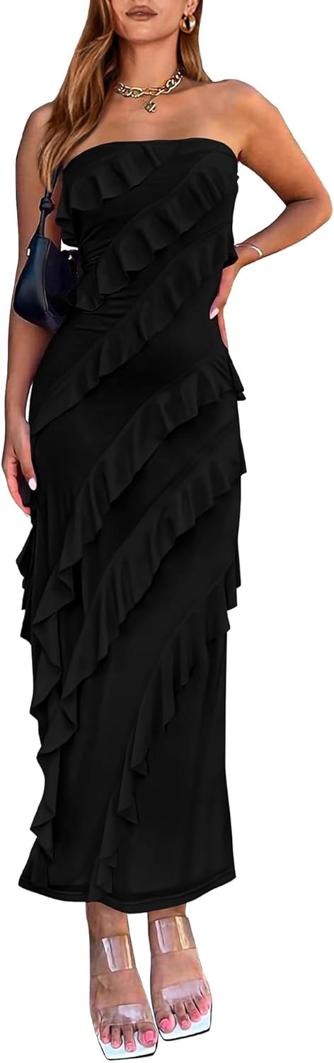 Elegant Strapless Midi Ruched Bodycon Dress for Summer Fun