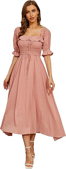 R.YIposha Women Vintage Elastic Square Neck Ruffled Maxi Dress