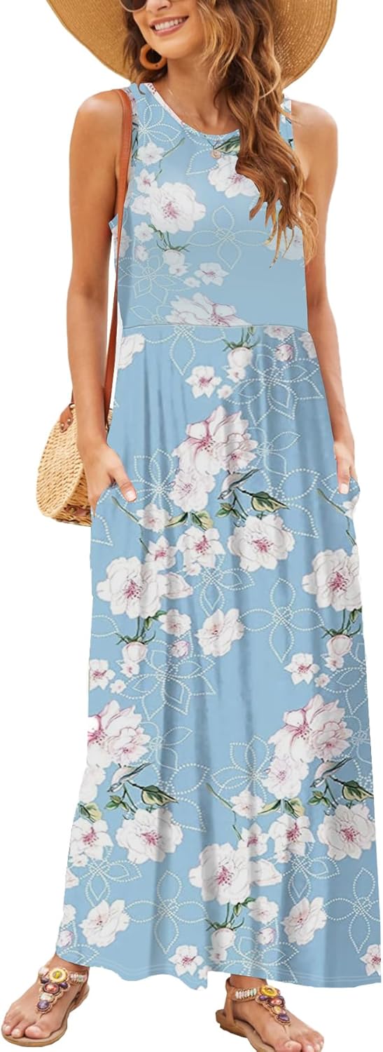 Hount Women's Summer Sleeveless Striped Maxi Dress with Pockets