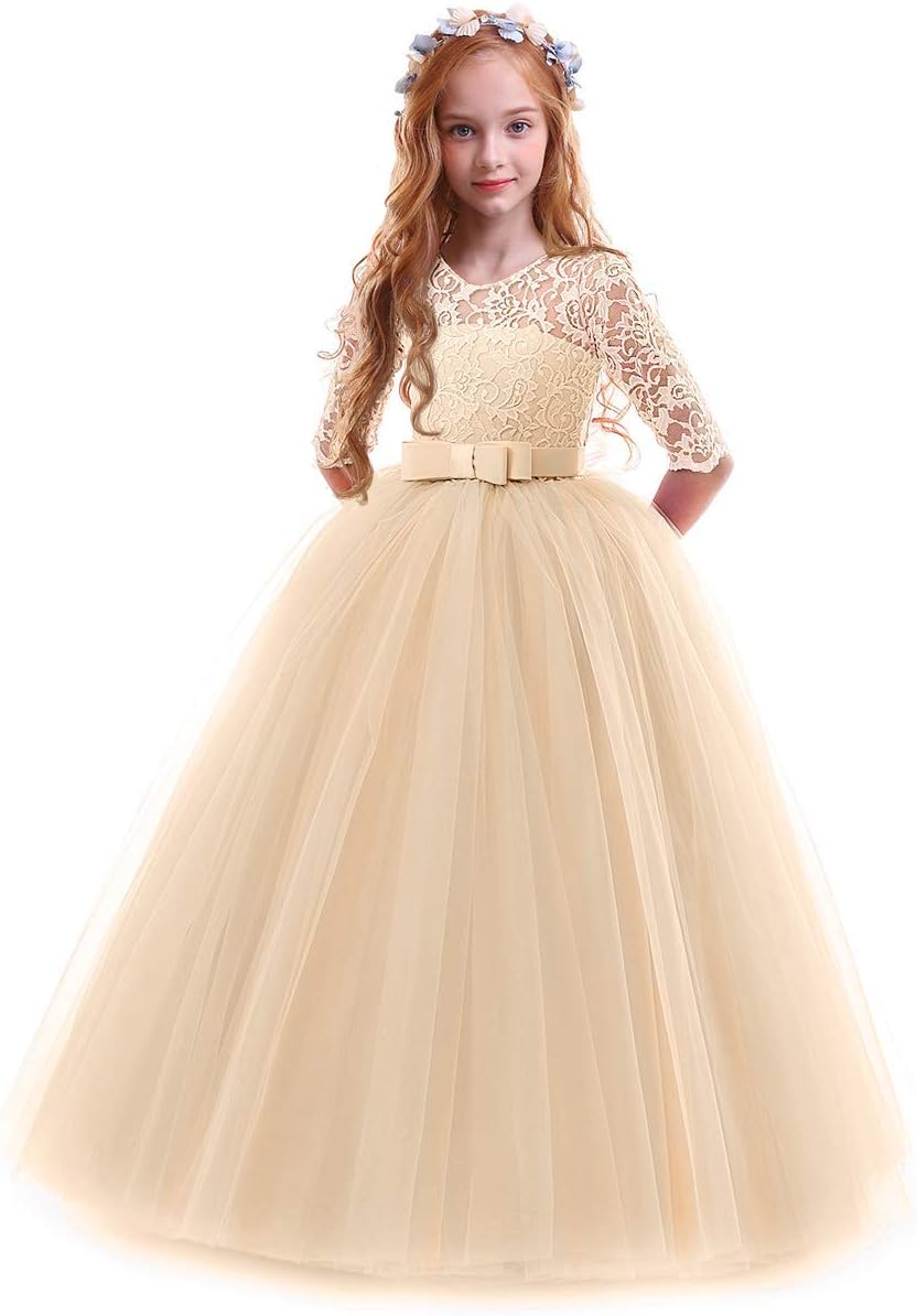 Elegant Flower Girls Vintage Floral Lace Maxi Dress for Kids