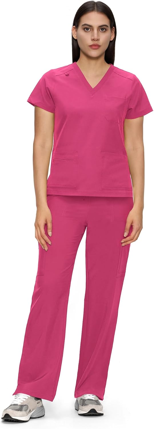 V-Neck Scrubs Top & Cargo Pants for Women with 12 Pockets
