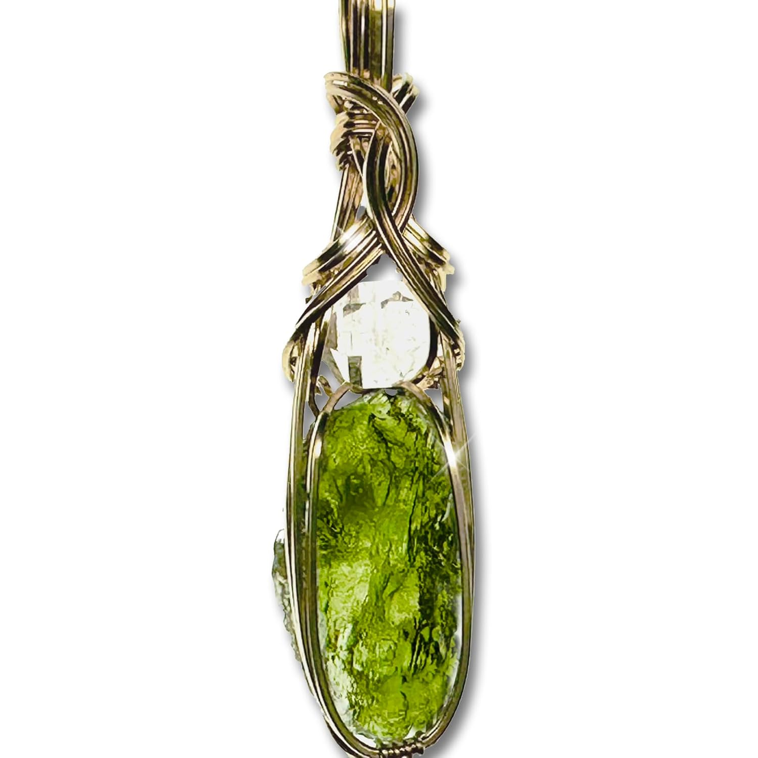 Genuine Moldavite Crystal Necklace with Herkimer Diamond Pendant