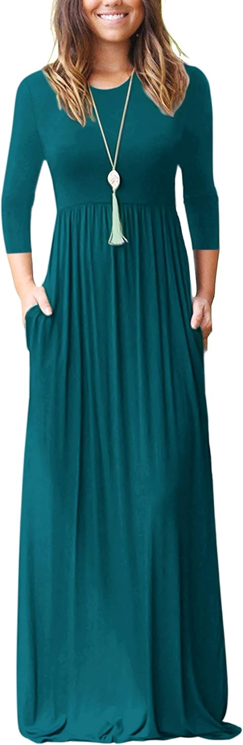 WNEEDU Women's 3/4 Sleeve Casual Maxi Dresses with Pockets