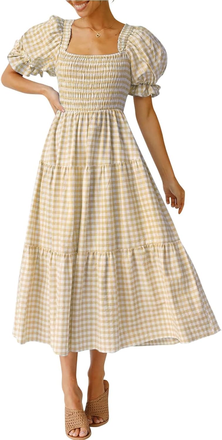 ZESICA Women's Bohemian Summer Midi Dress with Puff Sleeves