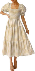 ZESICA Women's Bohemian Plaid Square Neck Midi Dress - Flowy Puff