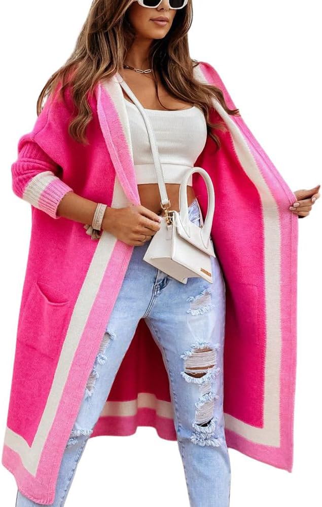 Chouyatou Women's Color Block Striped Oversized Cardigan Sweater