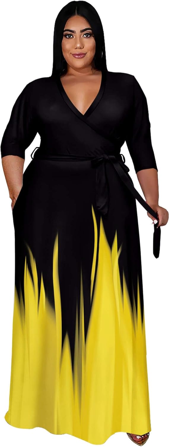 Runwind Plus Size Dress for Women - Elegant V Neck Maxi Style