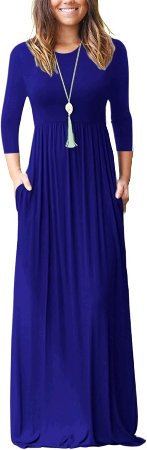 WNEEDU Women's 3/4 Sleeve Casual Maxi Dresses with Pockets